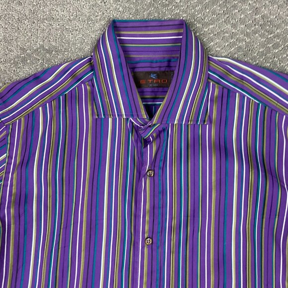 Etro Shirt Men's 40 Purple Green Gold Striped Button Down Up Cotton Milano NWOT - Picture 2 of 12